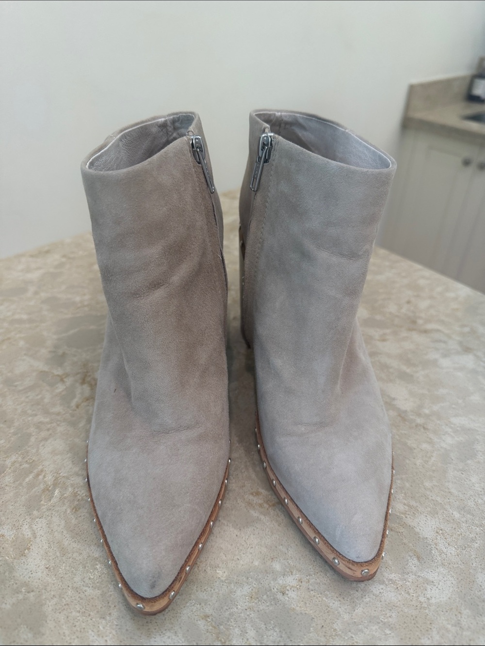 Neutral Suede Pointed Toe Ankle Booties with Side Zipper